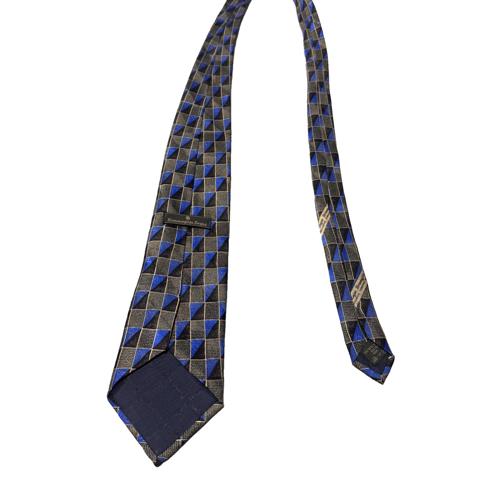 Ermenegildo Zegna Neck Tie Mens Blue Black Slik Geometric Triangle Checkered - Picture 2 of 8